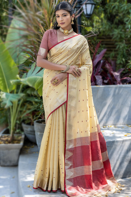 Weaved Cream Beige Tussar Silk Light Weight Saree