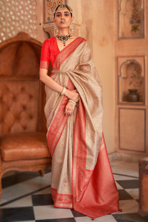 Weaved Dark Beige Banarasi Style Silk Saree