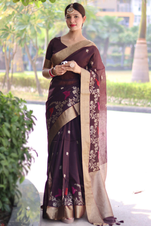 Weaved Dark Mauve Brown Linen Light Weight Saree