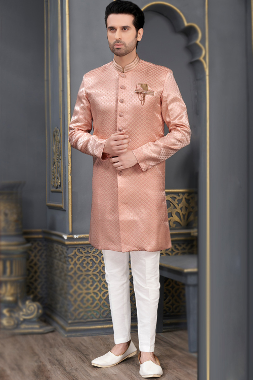 Weaved Jacquard Salmon Peach Straight Cut Men's Sherwani 