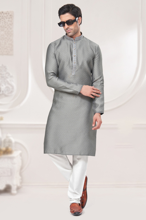Weaved Jacquard Steel Grey Straight Cut Men's Kurta Pajama 