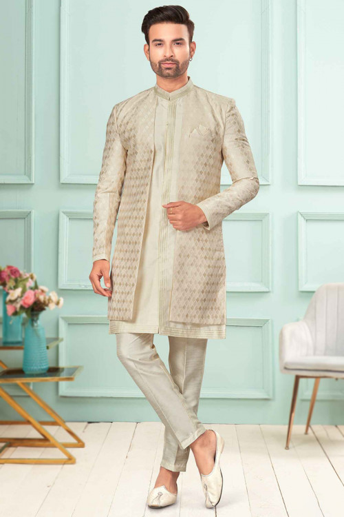 Weaved Light Beige Jacket Style Jacquard Men's Sherwani