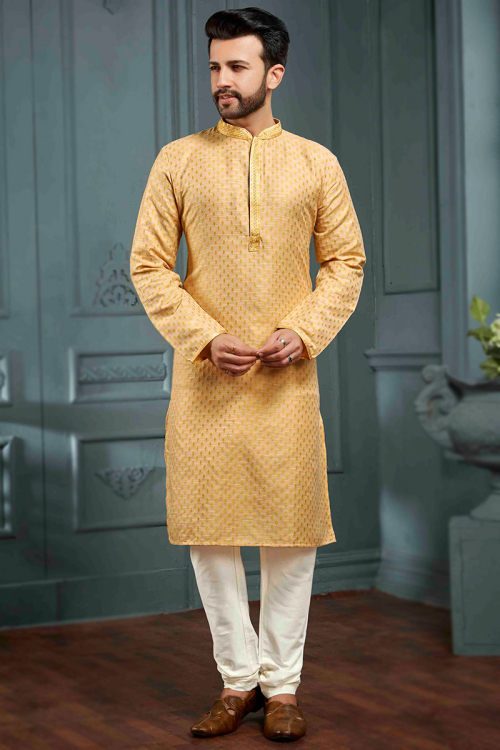 Weaved Light Orange Straight Cut Silk Men's Kurta Pajama