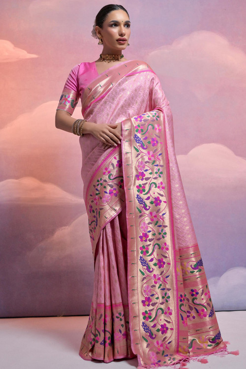 Weaved Light Pink Banarasi Style Silk Saree