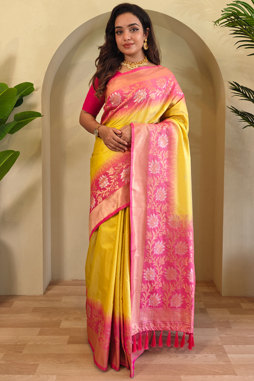 Weaved Light Yellow Silk Blend Broad Border Saree