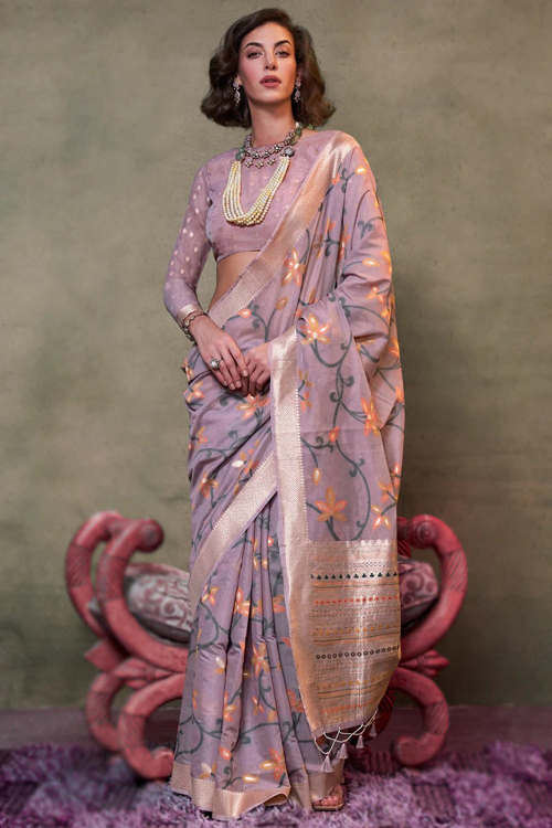 Weaved Mauve Jamdani Silk Traditional Saree 
