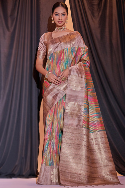 Weaved Multi Color Tussar Silk Broad Border Saree