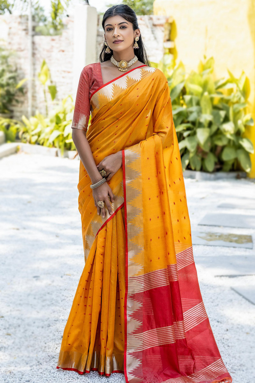 Mustard Yellow Tussar Silk Saree with Zari Work