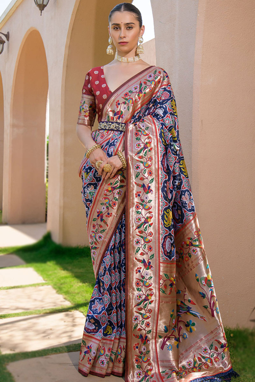 Weaved Navy Blue Paithani Silk Saree 