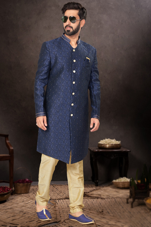 Weaved Navy Blue Silk Straight Cut Men's Sherwani