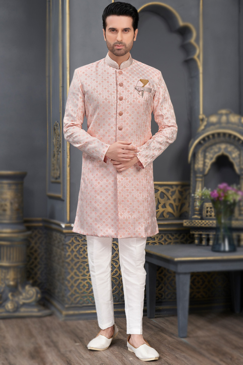 Weaved Pale Pink Jacquard Straight Cut Men's Sherwani 