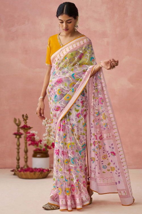 Weaved Pastel Pink Organza Light Weight Saree