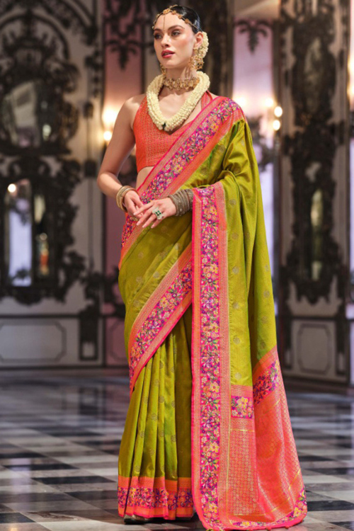 Weaved Pear Green Silk Broad Border Saree