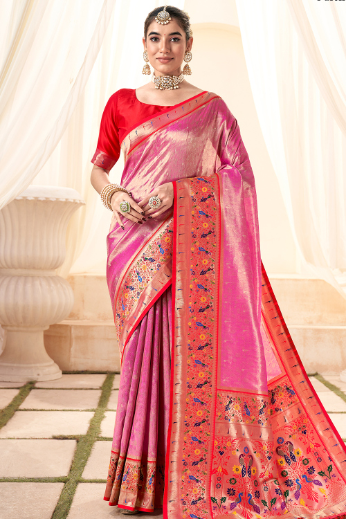 Weaved Rose Pink Paithani Tissue Silk Saree