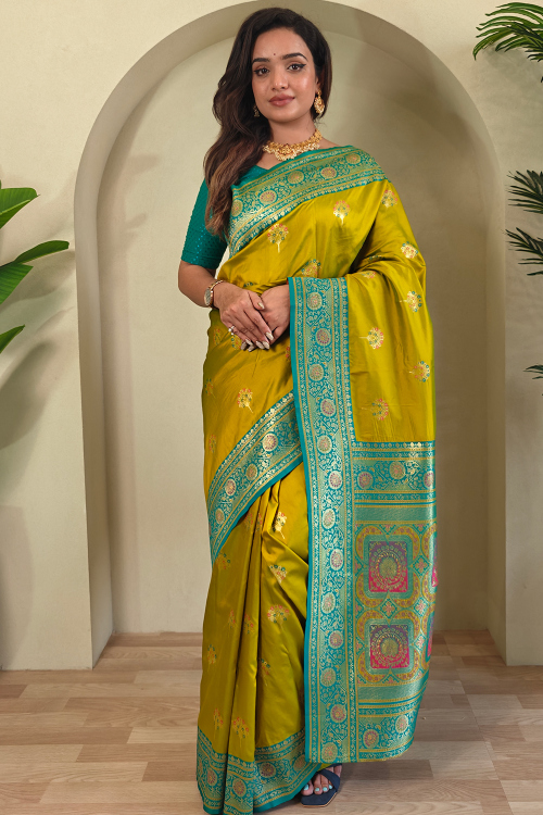 Weaved Silk Blend Broad Border Turmeric Yellow Saree