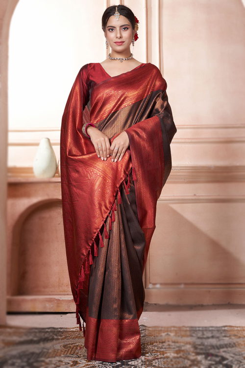 Weaved Silk Broad Border Dark Brown Saree