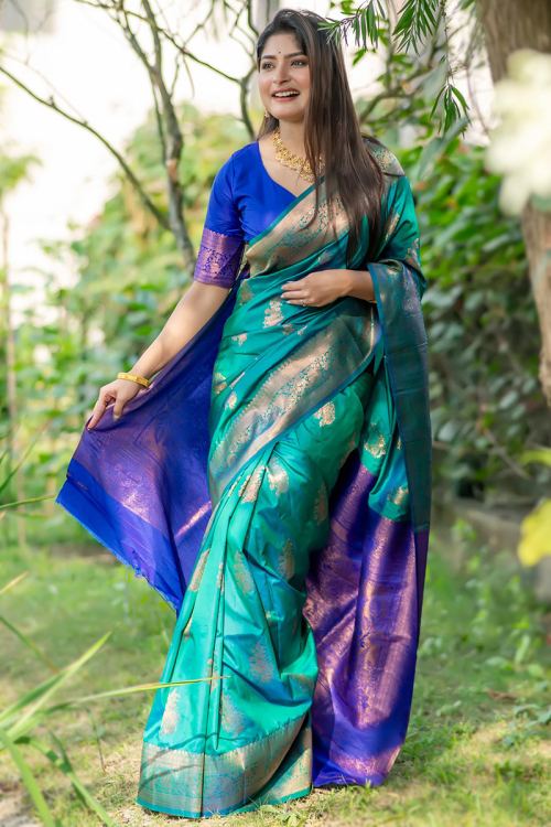 Weaved Silk Broad Border Peacock Green Saree