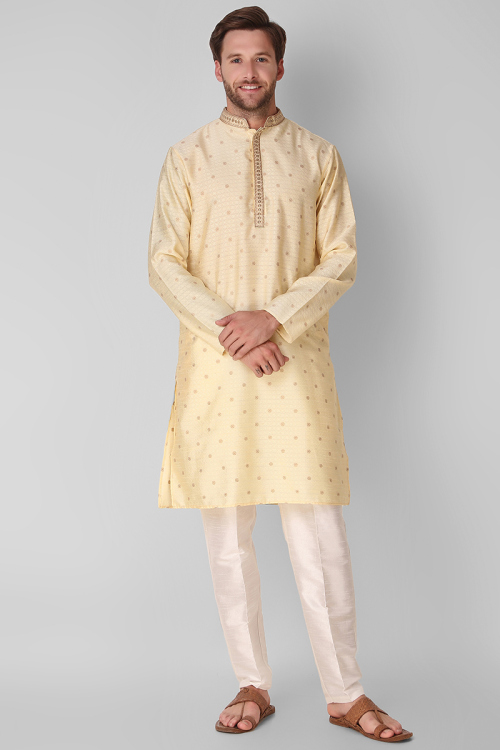 Weaved Silk Cream Beige Straight Cut Men's Kurta Pajama