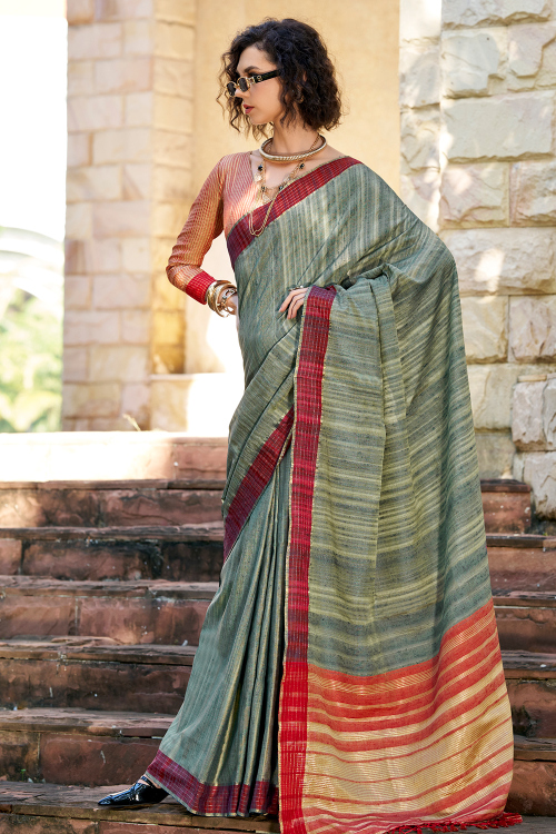 Weaved Silk Dusty Green Light Weight Saree