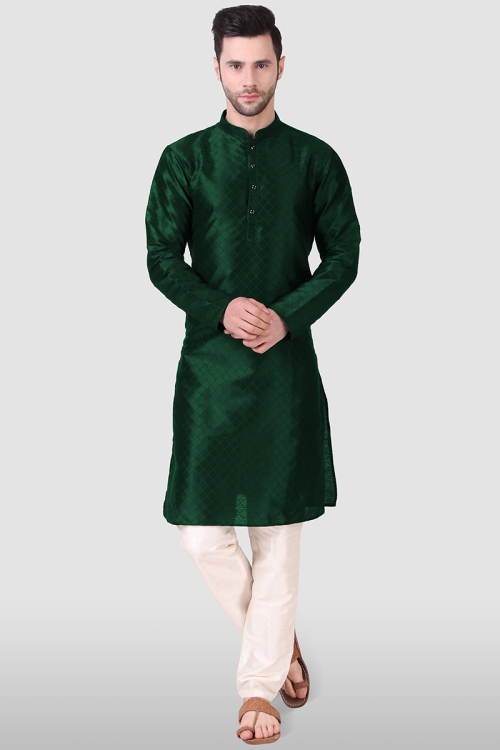 Weaved Silk Green Straight Cut Men's Kurta Pajama 