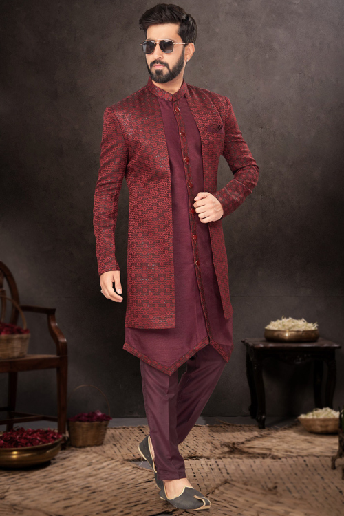 Weaved Silk Jacket Style Men's Mint Blue Sherwani