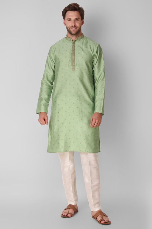 Weaved Silk Pistachio Green Straight Cut Men's Kurta Pajama