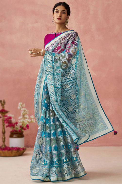 Weaved Sky Blue Organza Light Weight Saree