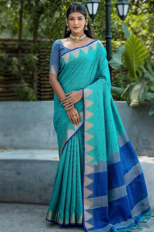 Weaved Sky Blue Tussar Silk Light Weight Saree