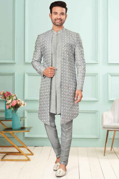 Weaved Steel Grey Wedding Wear Silk Men's Sherwani 