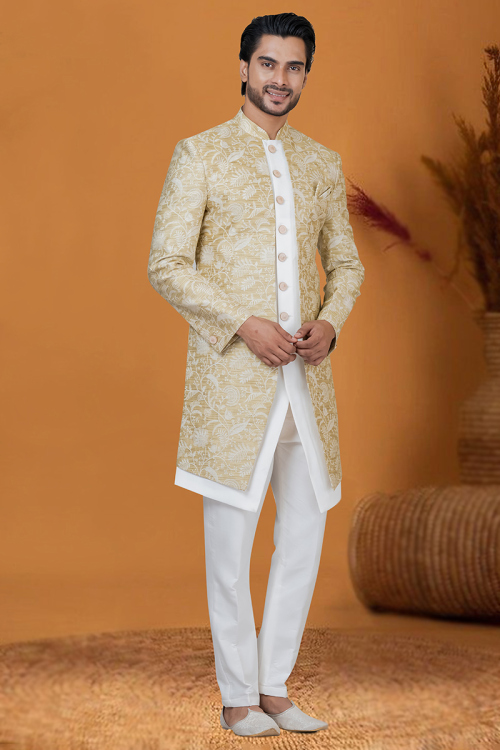 Weaved Thread Beige Jacquard Men's Sherwani