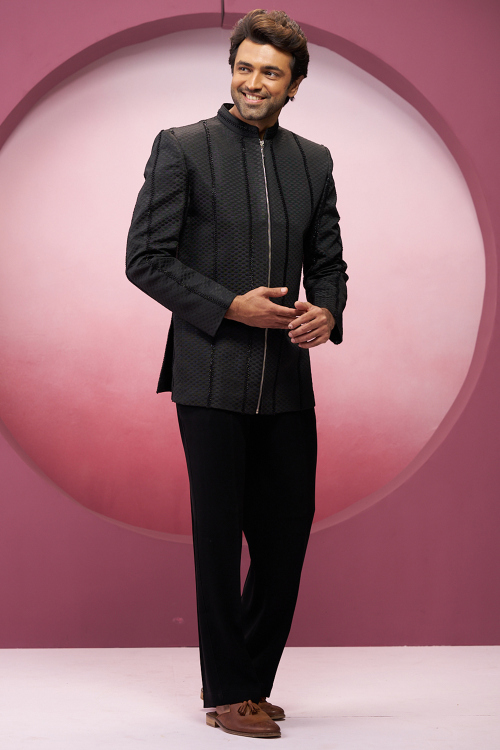 Weaved Thread Black Silk Men's Bandhgala Suit