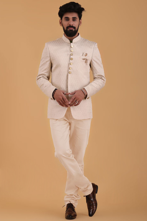 Cream-Beige Silk Jodhpuri Suit with Weaved Thread Work