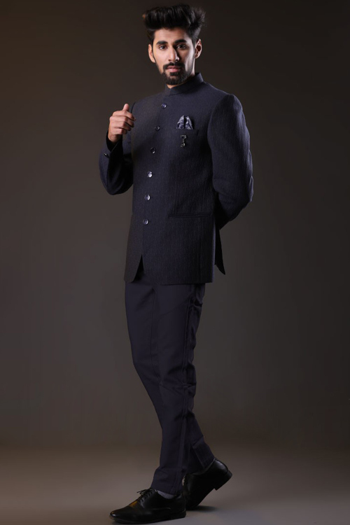 Weaved Thread Dark Blue Silk Men's Jodhpuri Coat Pant