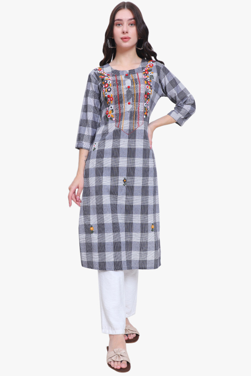 Weaved Thread Dusty Blue Cotton Casual Wear Ready Made Kurti