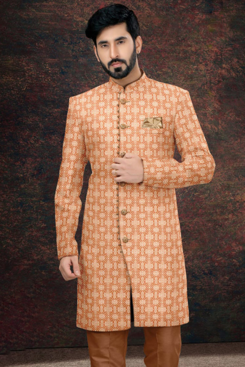 weaved thread Embroidered Art Silk Salmon Orange Men Sherwani