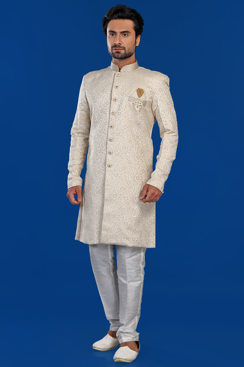 Weaved Thread Jacquard Light Beige Indo Western Men's Sherwani