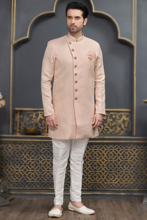 Weaved Thread Jacquard Pale Pink Straight Cut Men's Sherwani 
