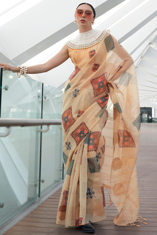 Weaved Thread Light Orange Cotton Light Weight Saree