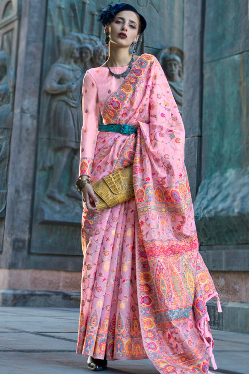 Weaved Thread Light Pink Chanderi Silk Broad Border Saree 