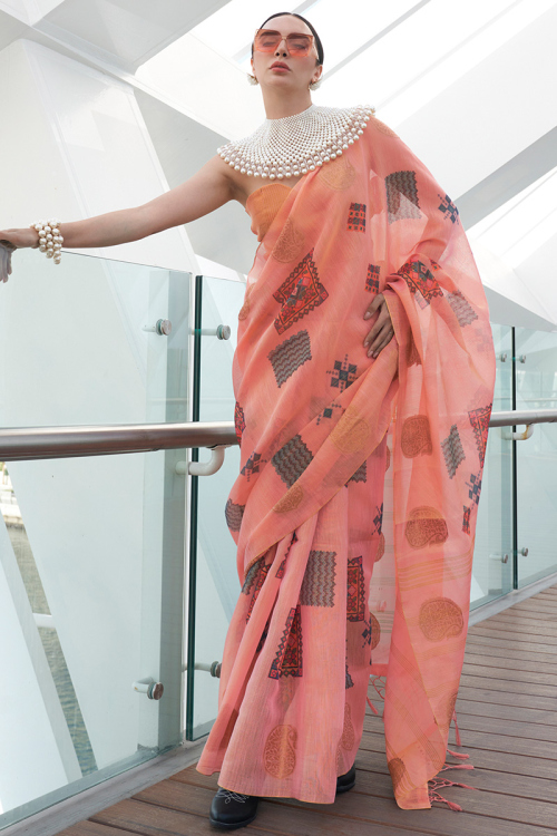 Weaved Thread Light Red Cotton Light Weight Saree 