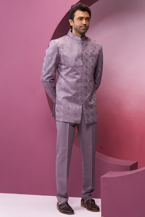 Weaved Thread Mauve Silk Men's Bandhgala Suit