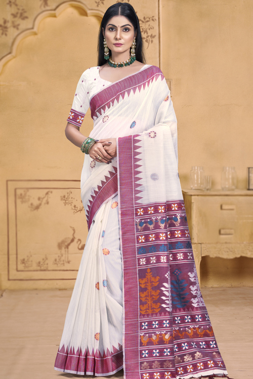 Weaved Thread Off White Cotton Light Weight Saree