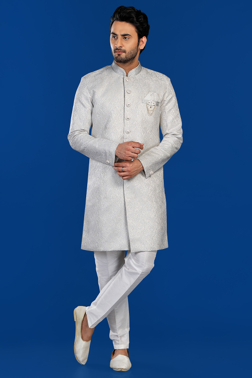Weaved Thread Off White Jacquard Achkan Style Men's Sherwani