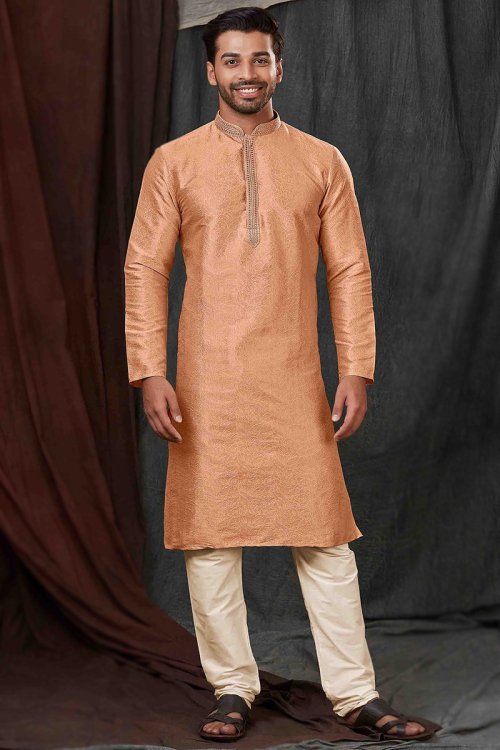 Weaved Thread Salmon Orange Silk Men's Kurta Pajama