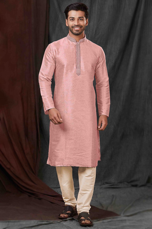 Weaved Thread Salmon Pink Straight Cut Silk Men's Kurta Pajama