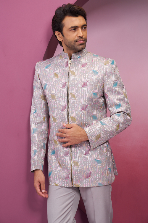 Weaved Thread Silk Light Mauve Men's Bandhgala Suit