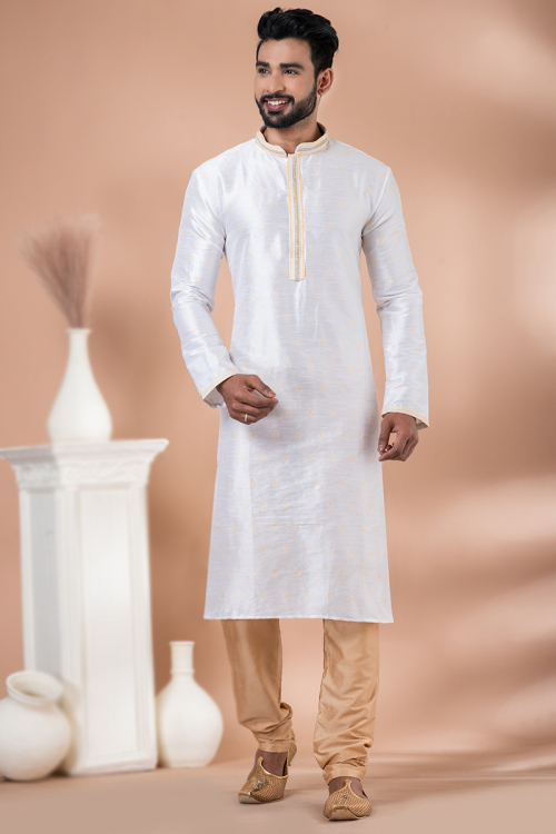 Weaved Thread White Dupion Silk Straight Cut Men's Kurta Pajama