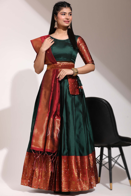 Weaved With Thread And Zari Silk Bottle Green Flared Lehenga