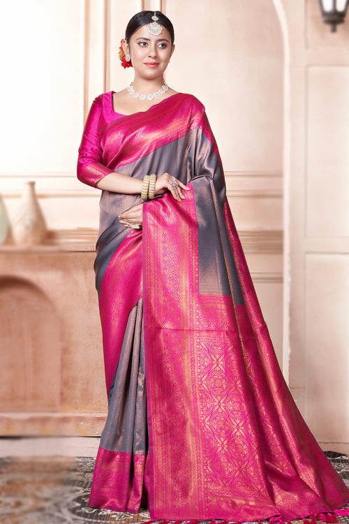 Weaved With Thread And Zari Silk Broad Border Grey Saree