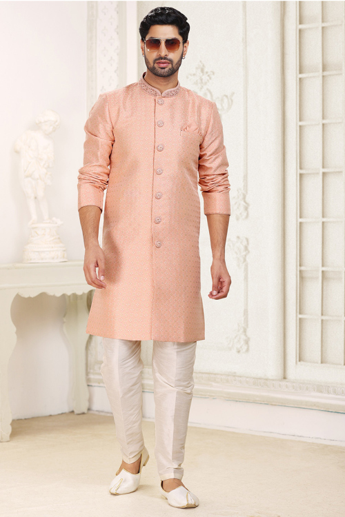 Weaved Zari Elaborated Salmon Peach Men's Sherwani 